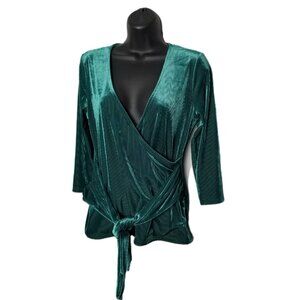 Express Ribbed Velvet Faux Wrap Top Medium Emerald Green Tie Y2K